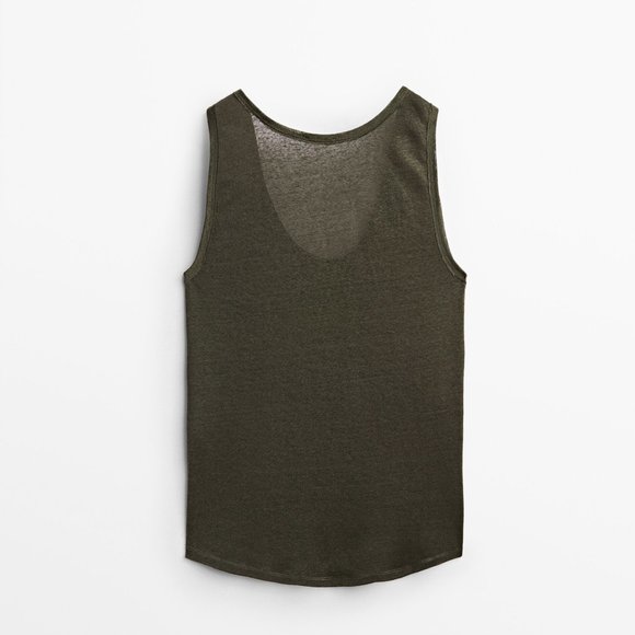 Massimo Dutti 100% Linen Sleeveless Top Oversized Coated Tee Pocket Khaki Green - Picture 6 of 15